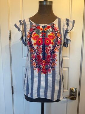 THML Blue and White Striped Flutter-Sleeve Top with Floral Embroidery